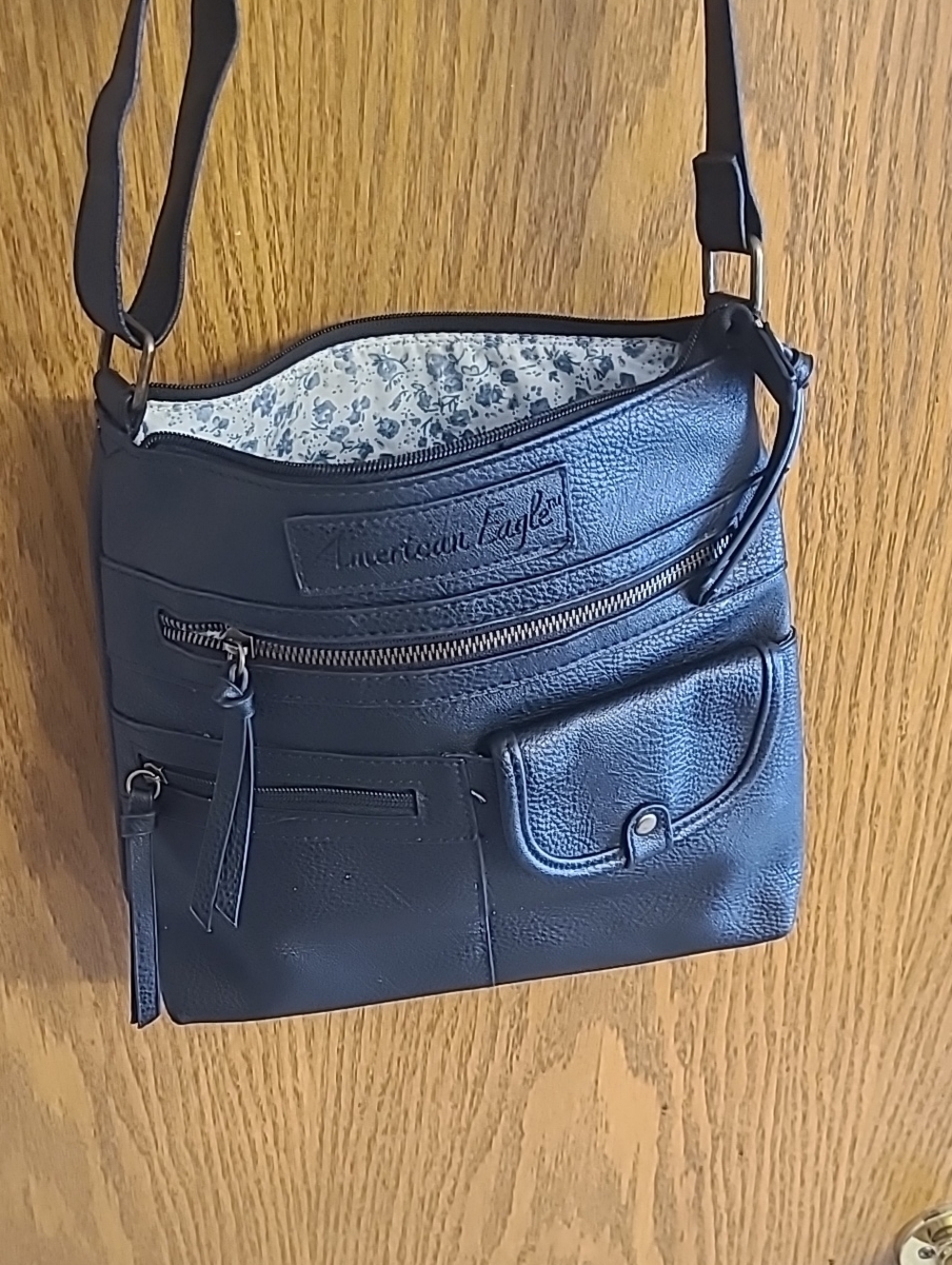 American Eagle Outfitters Black Faux Leather Crossbody Bag with Floral Lining